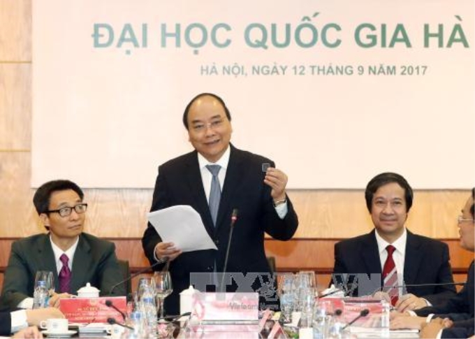 Thủ tướng Nguyễn Xuân Phúc phát biểu tại buổi làm việc với  Đại học Quốc gia Hà Nội hôm 12/9/2017. Ảnh: Thống Nhất/TTXVN